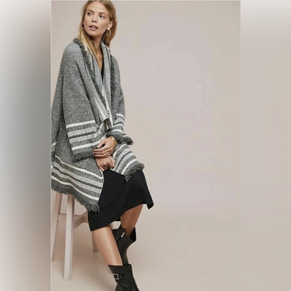 Saturday Sunday Anthropologie Gray Stripe Fringe Cardigan Sweater - Picture 3 of 7